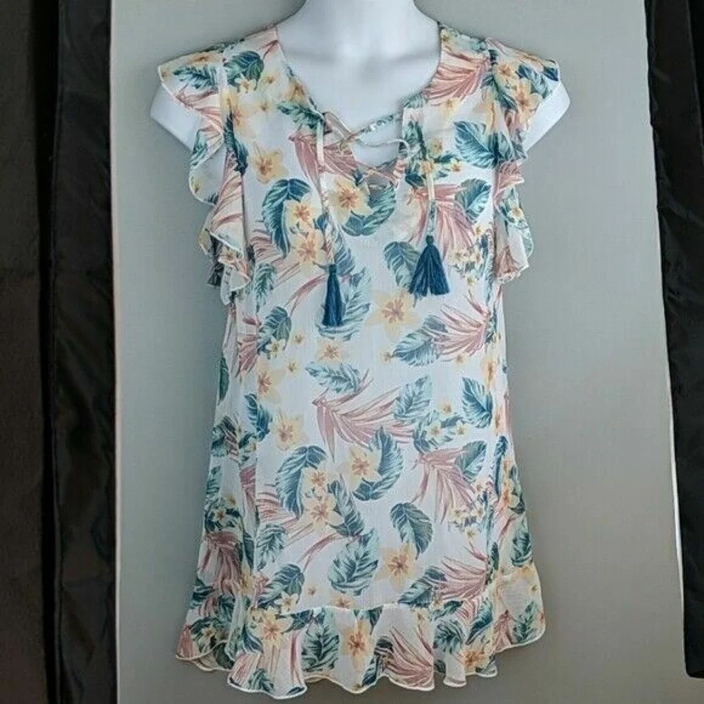 Miken Swimsuit Cover-Up Dress Floral Size Small‎ With Tassel Lace-Up NEW
